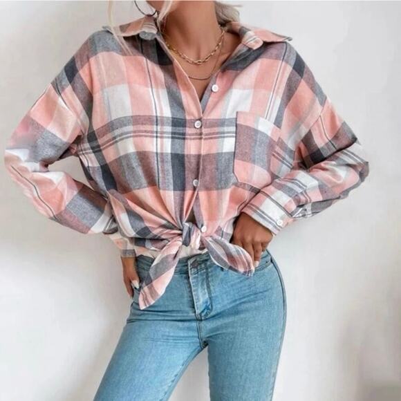 Shein Tops - SHEIN Pink Gray Plaid Button Down Long Sleeve Flannel Shirt Size S EUC